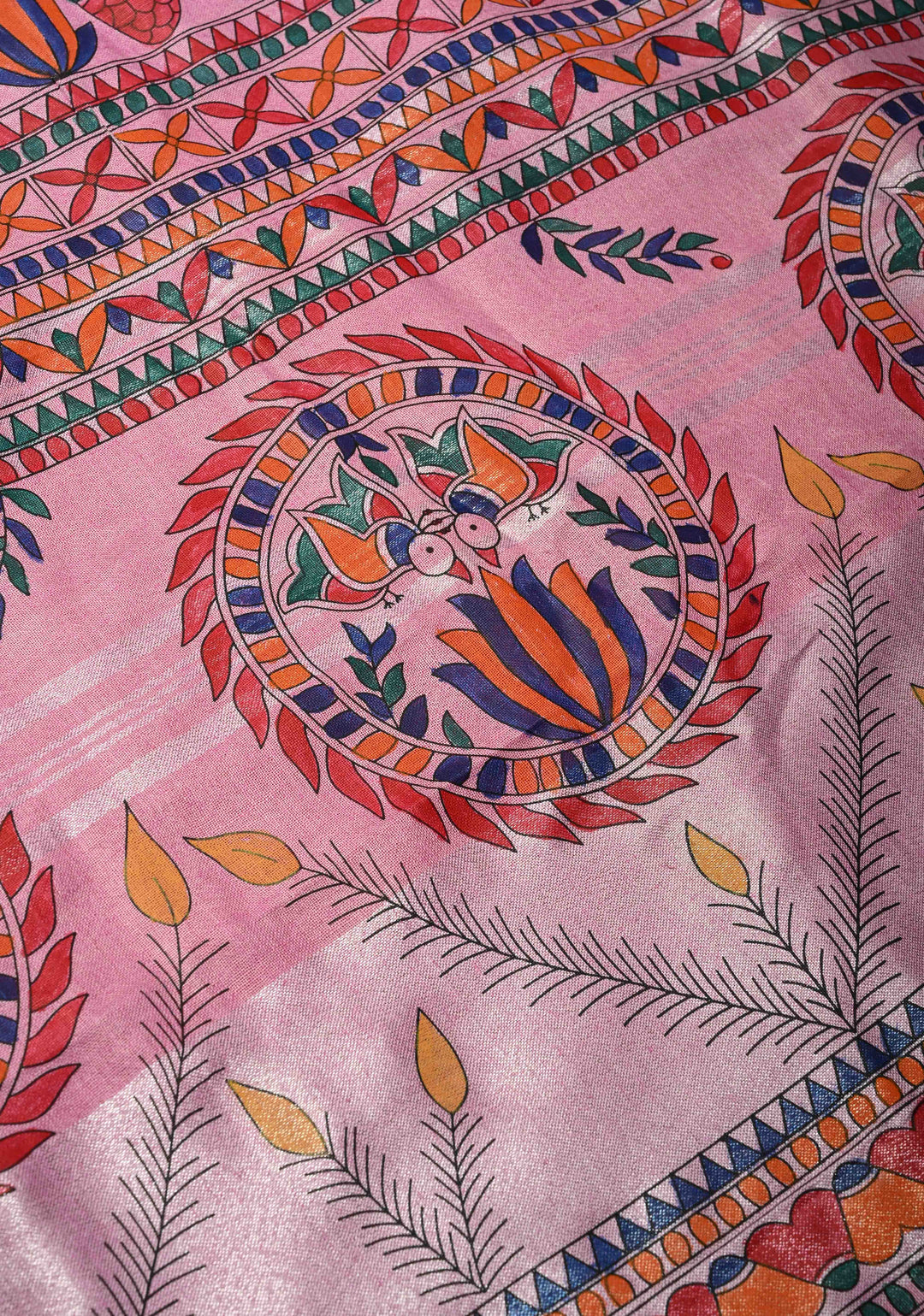 Pink Linen by Cotton Saree with Madhubani Hand-Painting