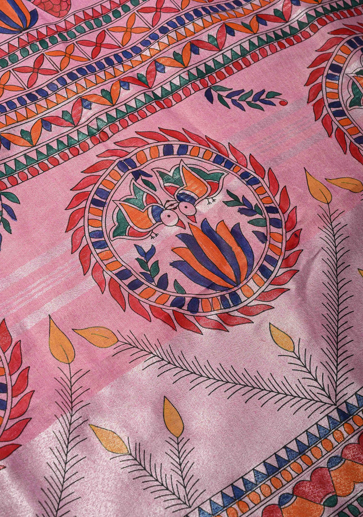 Pink Linen by Cotton Saree with Madhubani Hand-Painting
