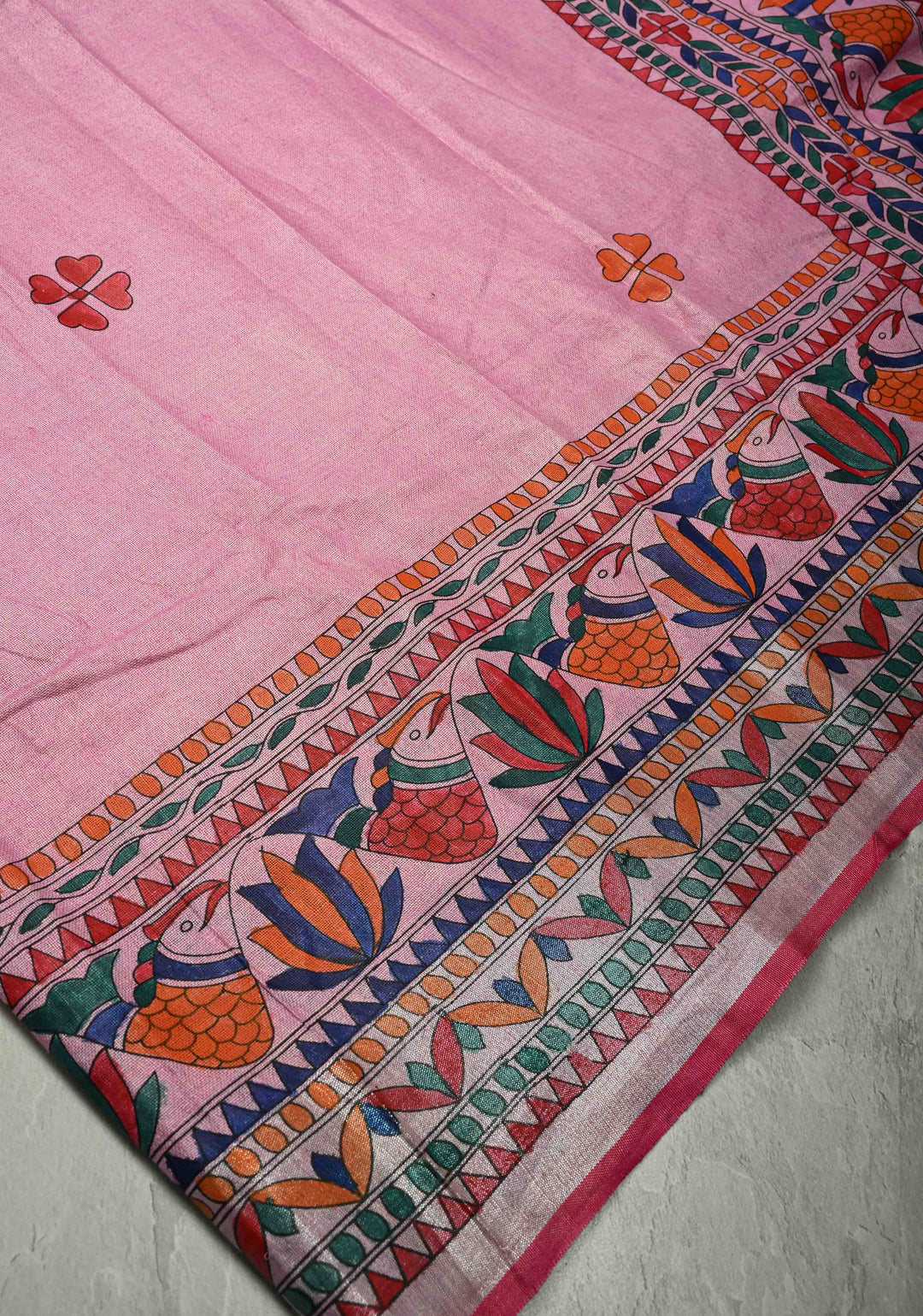 Pink Linen by Cotton Saree with Madhubani Hand-Painting