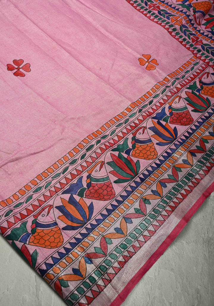 Pink Linen by Cotton Saree with Madhubani Hand-Painting