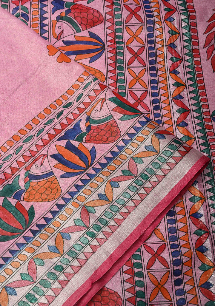 Pink Linen by Cotton Saree with Madhubani Hand-Painting