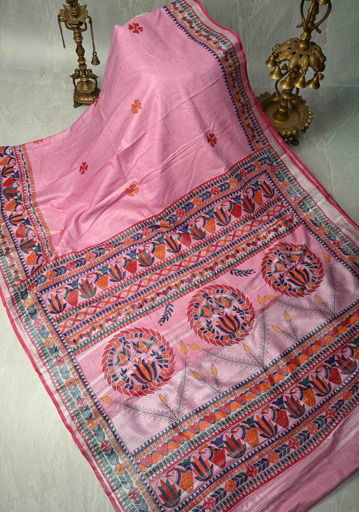 Pink Linen by Cotton Saree with Madhubani Hand-Painting