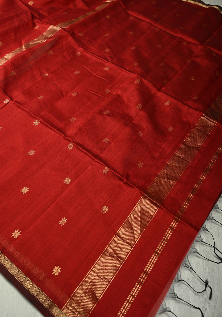 Blood Red Handwoven Maheswari Silk Cotton Saree with Zari Buttas and Minimal Zari Border