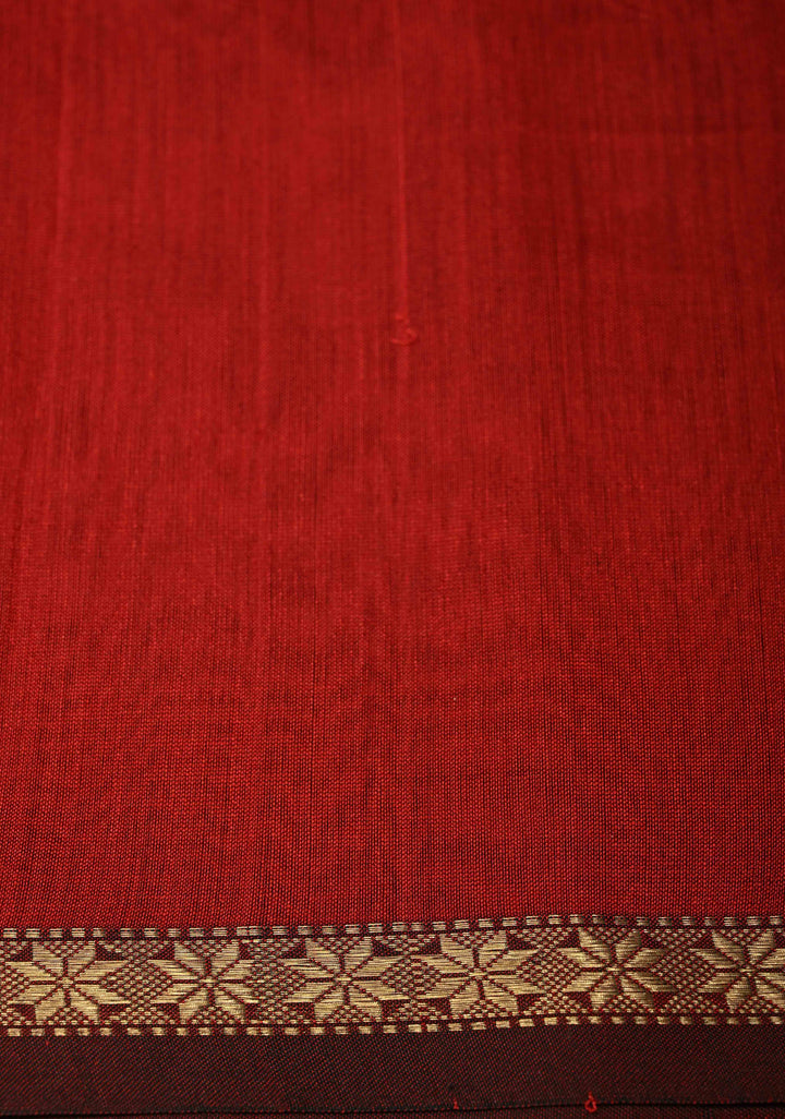 Blood Red Handwoven Maheswari Silk Cotton Saree with Zari Buttas and Minimal Zari Border