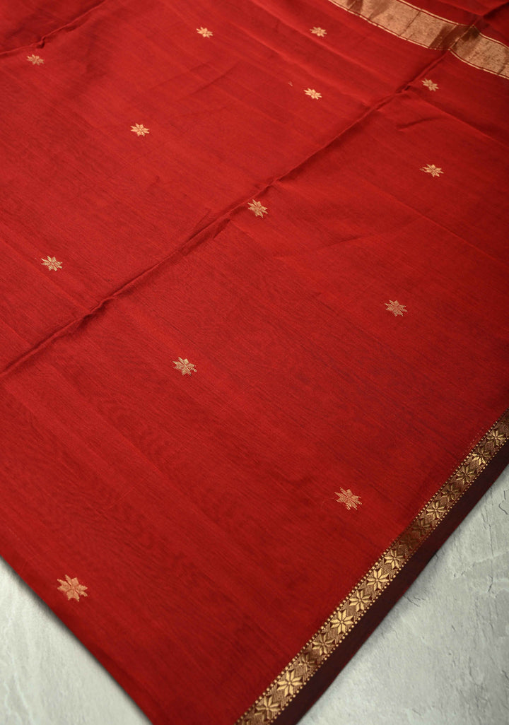 Blood Red Handwoven Maheswari Silk Cotton Saree with Zari Buttas and Minimal Zari Border