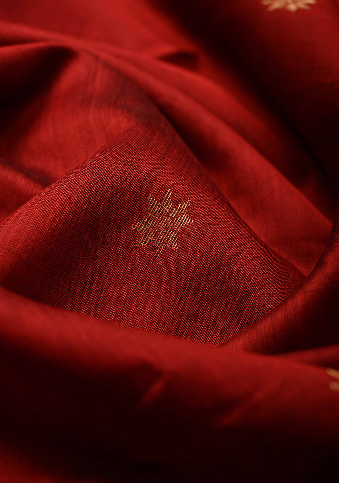 Blood Red Handwoven Maheswari Silk Cotton Saree with Zari Buttas and Minimal Zari Border