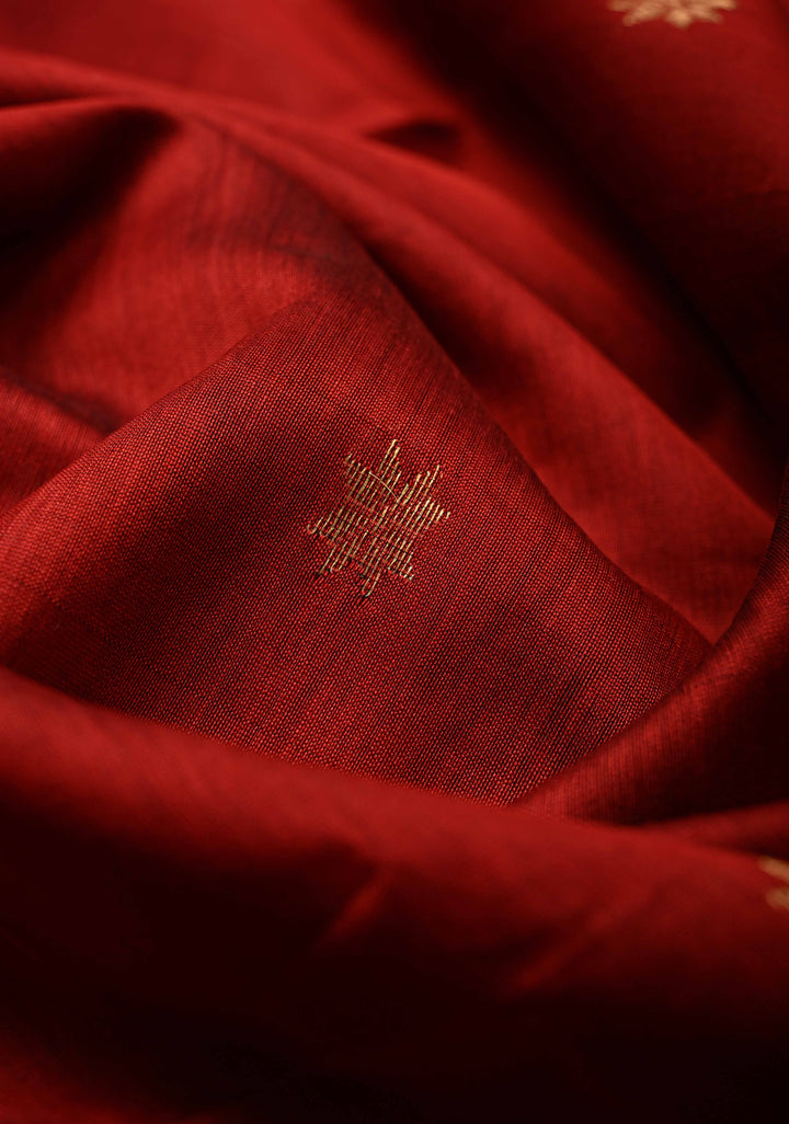 Blood Red Handwoven Maheswari Silk Cotton Saree with Zari Buttas and Minimal Zari Border