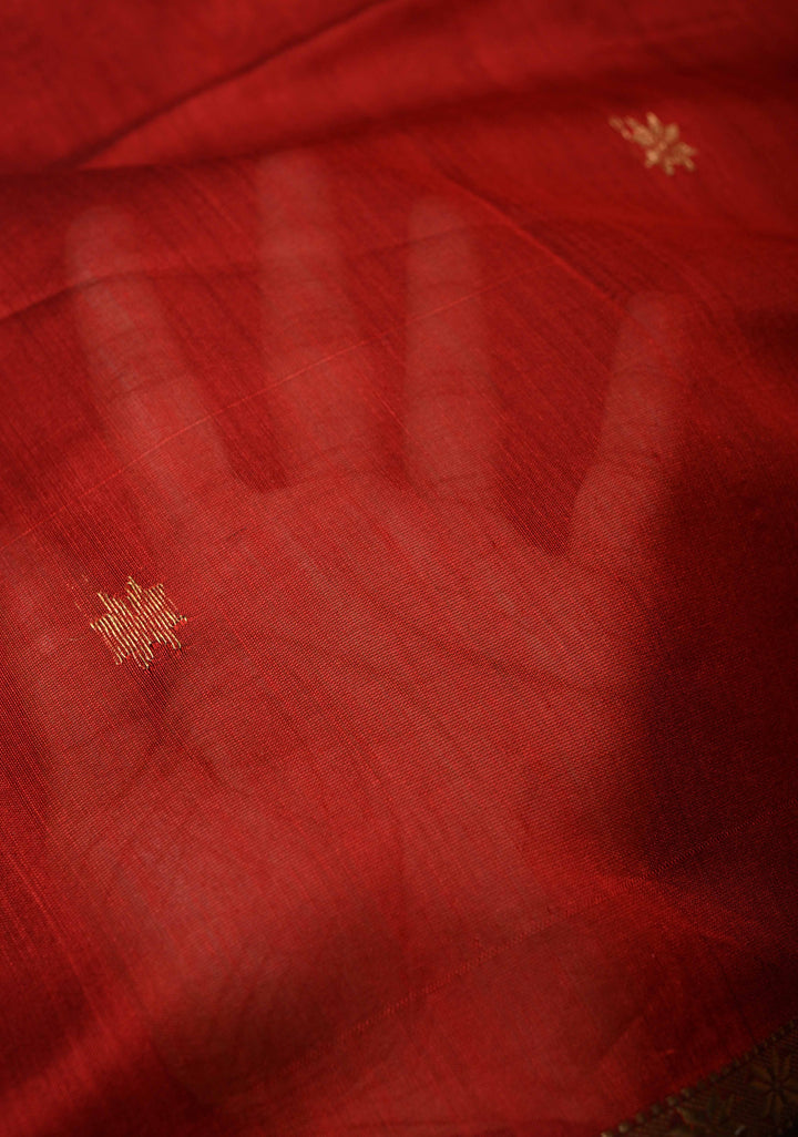 Blood Red Handwoven Maheswari Silk Cotton Saree with Zari Buttas and Minimal Zari Border