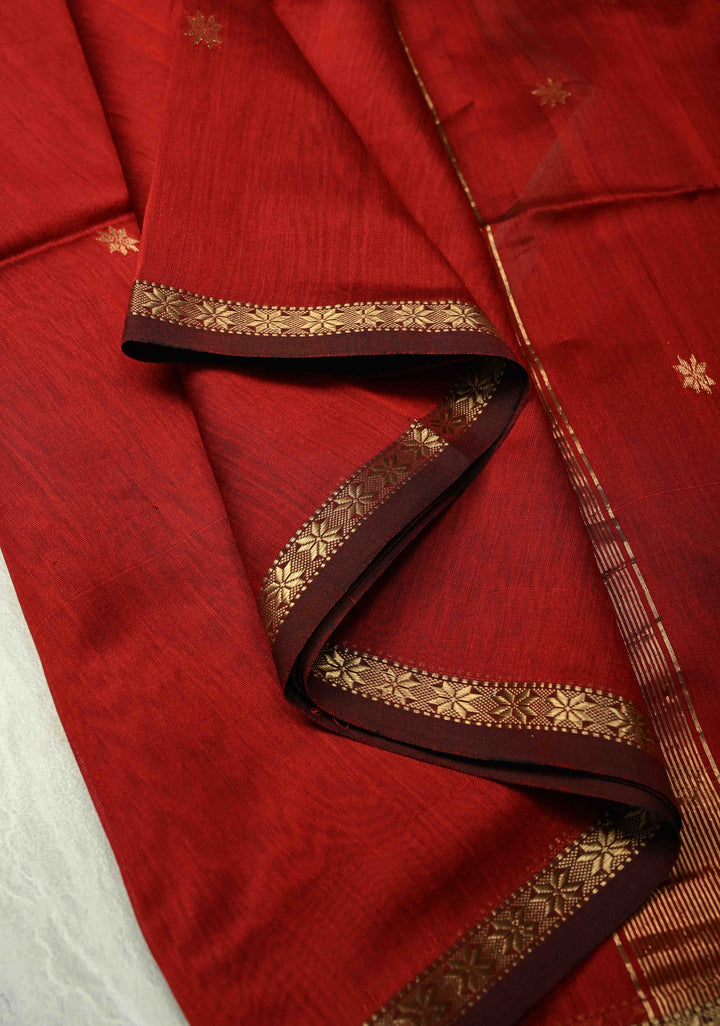 Blood Red Handwoven Maheswari Silk Cotton Saree with Zari Buttas and Minimal Zari Border