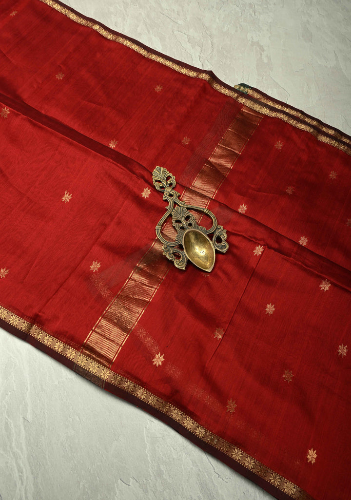 Blood Red Handwoven Maheswari Silk Cotton Saree with Zari Buttas and Minimal Zari Border