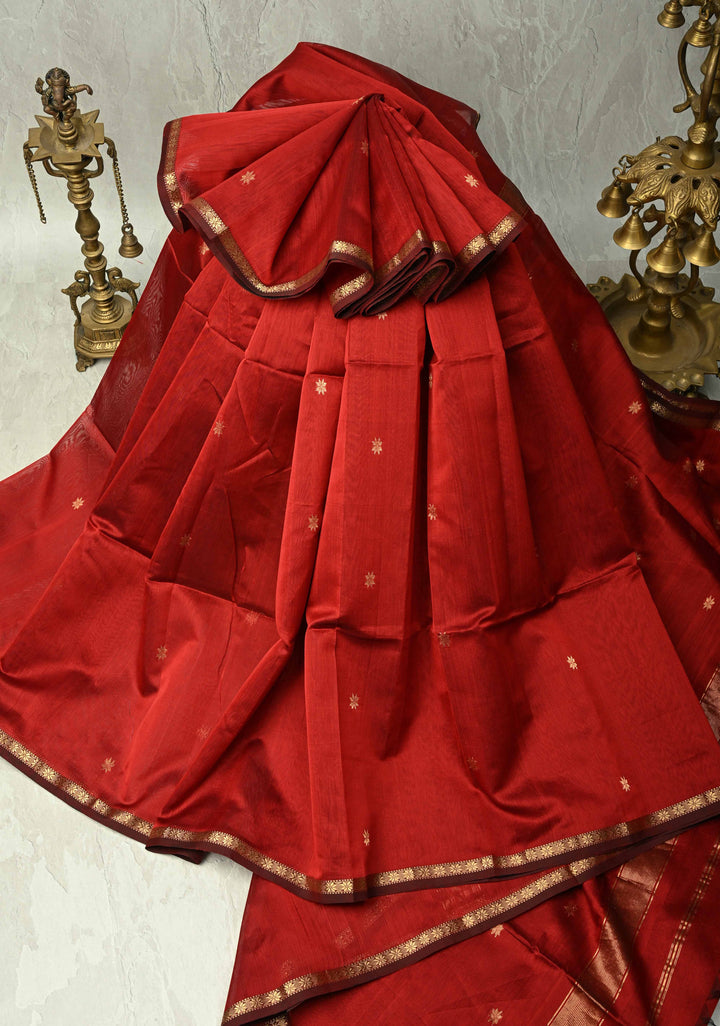 Blood Red Handwoven Maheswari Silk Cotton Saree with Zari Buttas and Minimal Zari Border