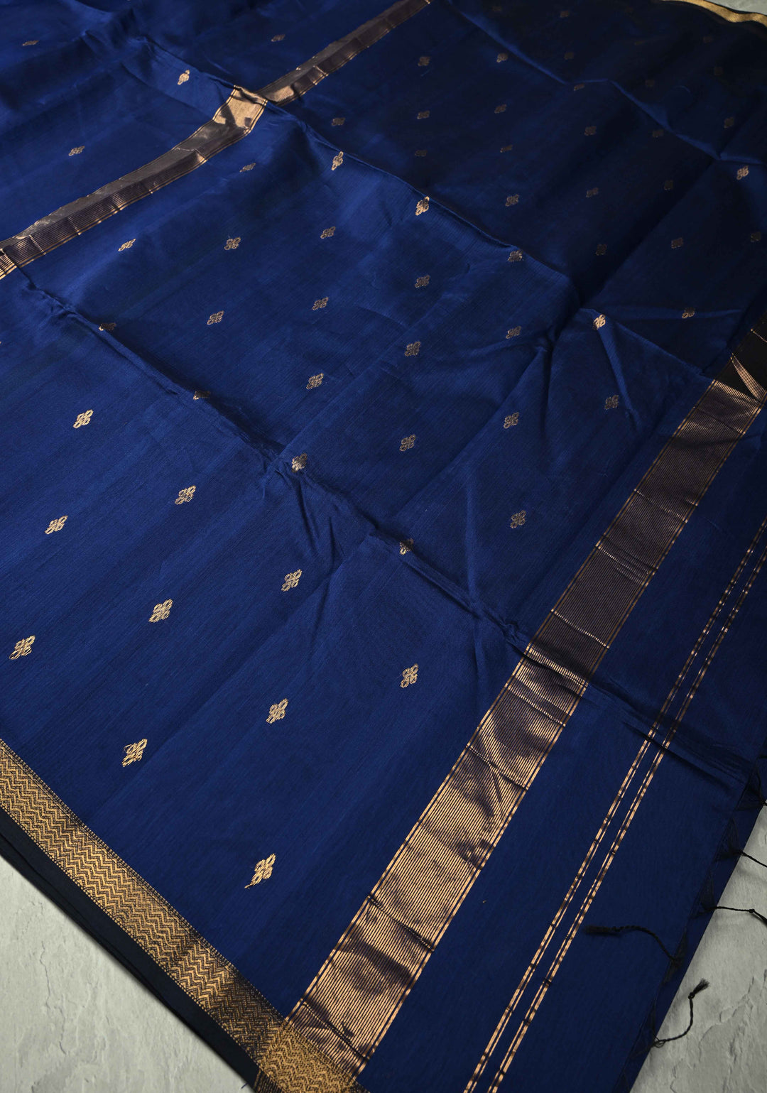 Navy Blue Handwoven Maheswari Silk Cotton Saree with Zari Buttas and Minimal Zari Border