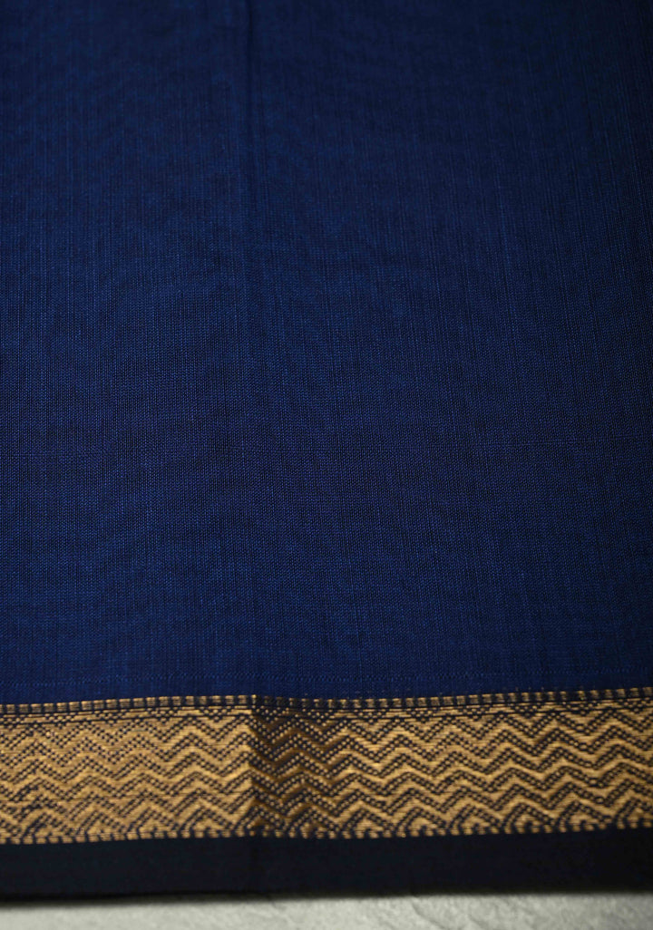 Navy Blue Handwoven Maheswari Silk Cotton Saree with Zari Buttas and Minimal Zari Border