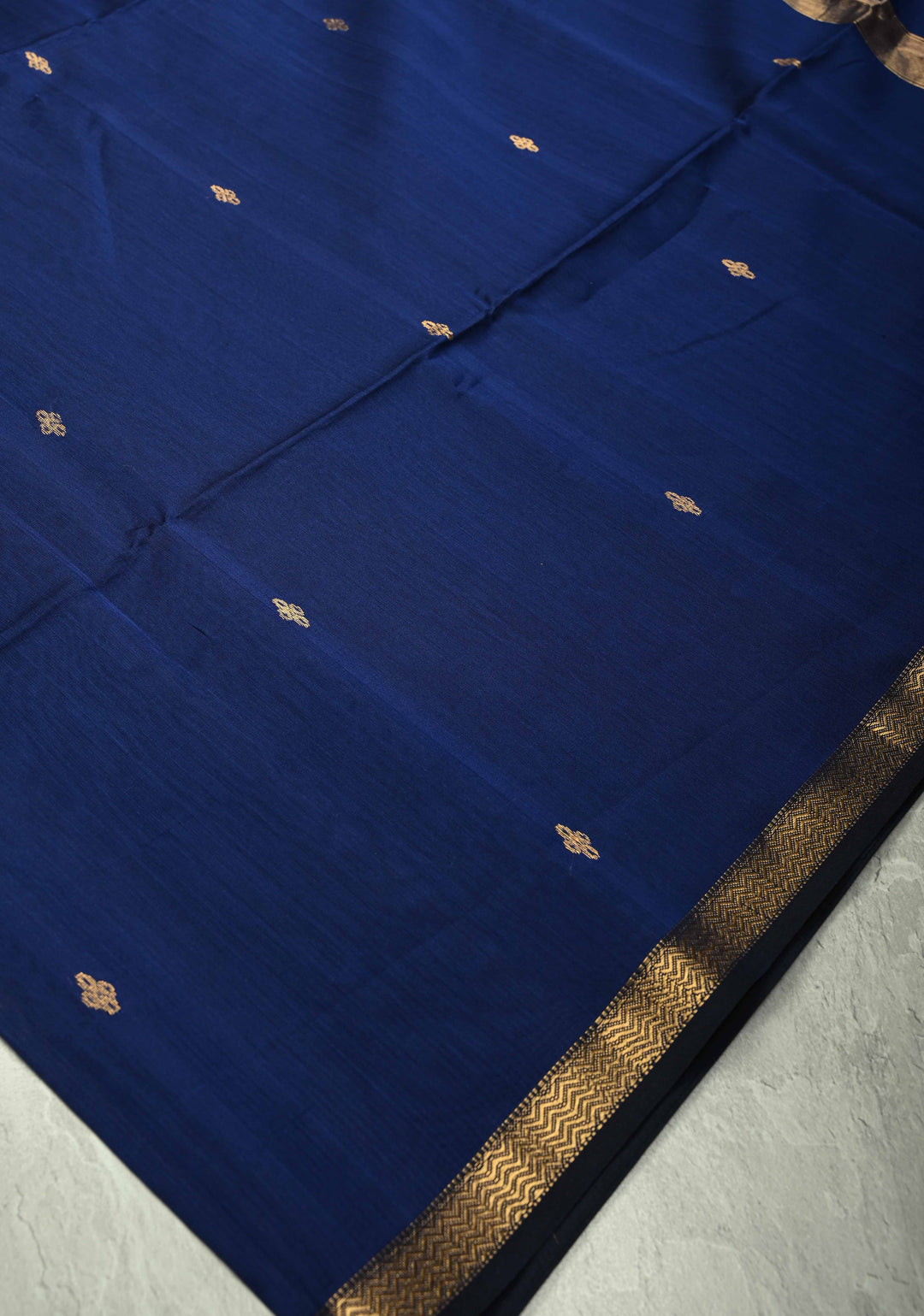 Navy Blue Handwoven Maheswari Silk Cotton Saree with Zari Buttas and Minimal Zari Border