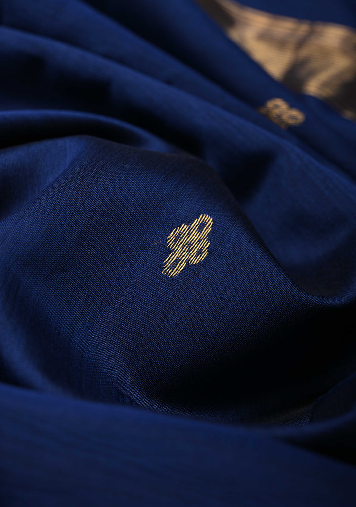 Navy Blue Handwoven Maheswari Silk Cotton Saree with Zari Buttas and Minimal Zari Border