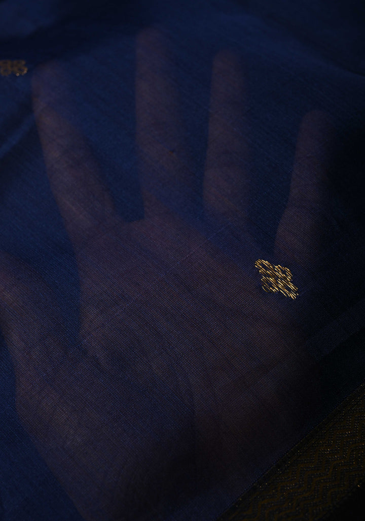 Navy Blue Handwoven Maheswari Silk Cotton Saree with Zari Buttas and Minimal Zari Border