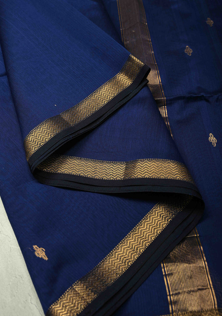 Navy Blue Handwoven Maheswari Silk Cotton Saree with Zari Buttas and Minimal Zari Border