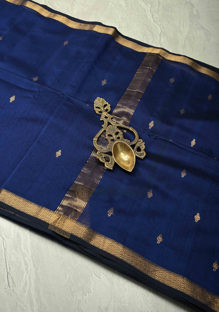 Navy Blue Handwoven Maheswari Silk Cotton Saree with Zari Buttas and Minimal Zari Border