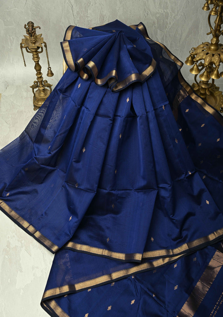 Navy Blue Handwoven Maheswari Silk Cotton Saree with Zari Buttas and Minimal Zari Border