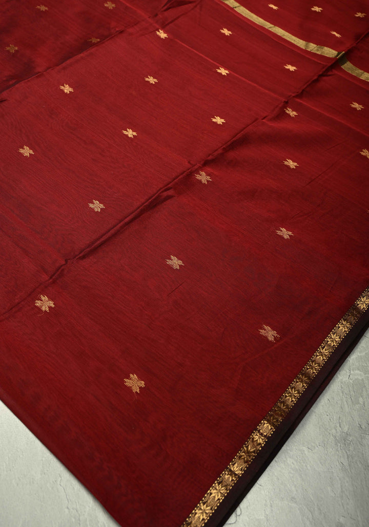 Maroon Handwoven Maheswari Silk Cotton Saree with Zari Buttas and Minimal Zari Border
