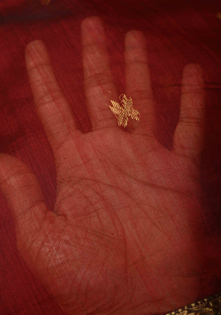 Maroon Handwoven Maheswari Silk Cotton Saree with Zari Buttas and Minimal Zari Border