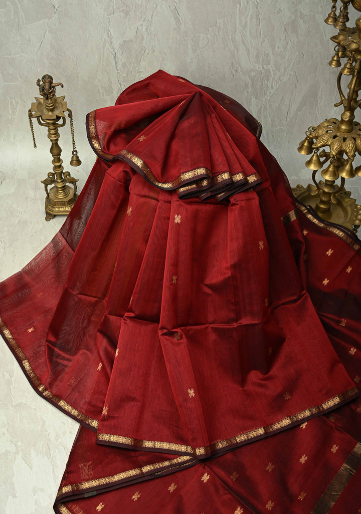 Maroon Handwoven Maheswari Silk Cotton Saree with Zari Buttas and Minimal Zari Border