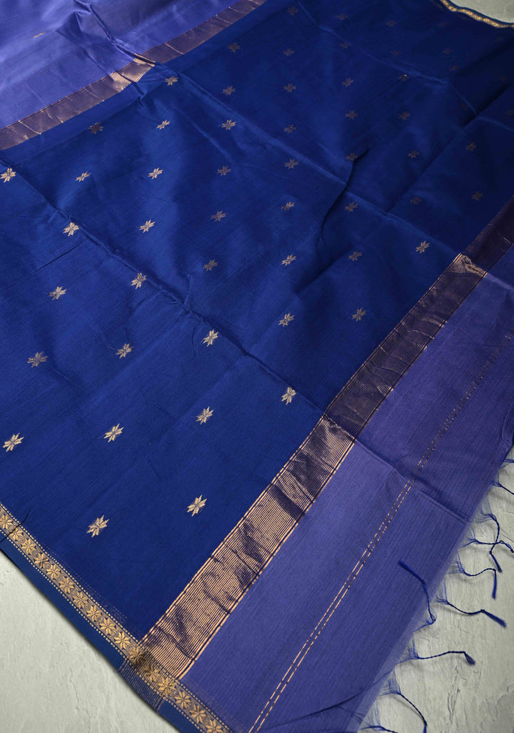 Purple Handwoven Maheswari Silk Cotton Saree with Zari Buttas and MInimal Zari Border