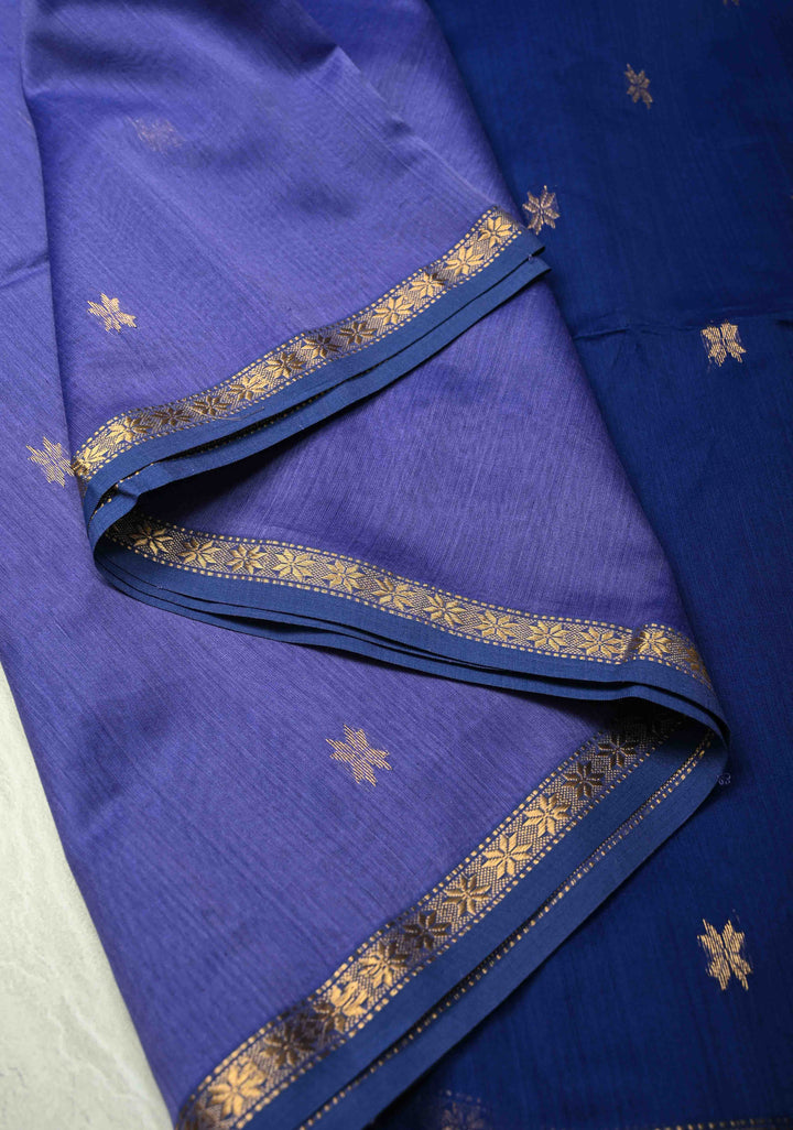 Purple Handwoven Maheswari Silk Cotton Saree with Zari Buttas and MInimal Zari Border