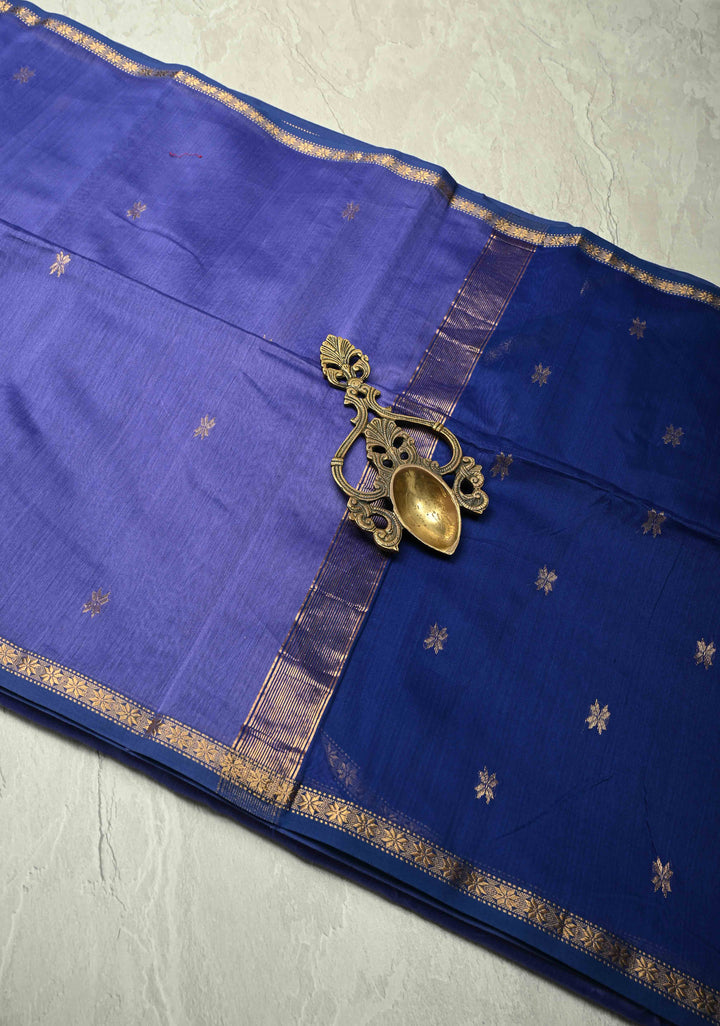 Purple Handwoven Maheswari Silk Cotton Saree with Zari Buttas and MInimal Zari Border