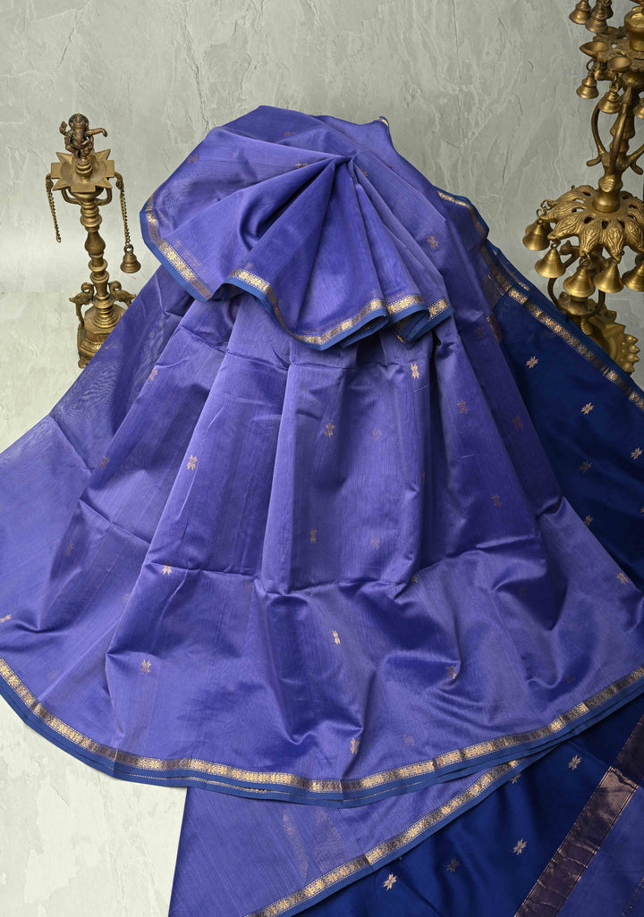 Purple Handwoven Maheswari Silk Cotton Saree with Zari Buttas and MInimal Zari Border