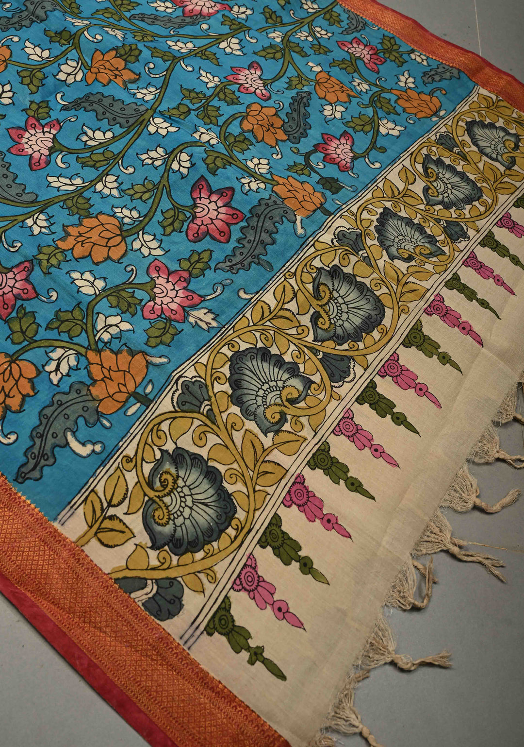 DUPATTA : Blue Authentic Pen Kalamkari on Chennuri Silk Dupatta with Floral Theme and Mangalagiri Borders | SHOBITAM