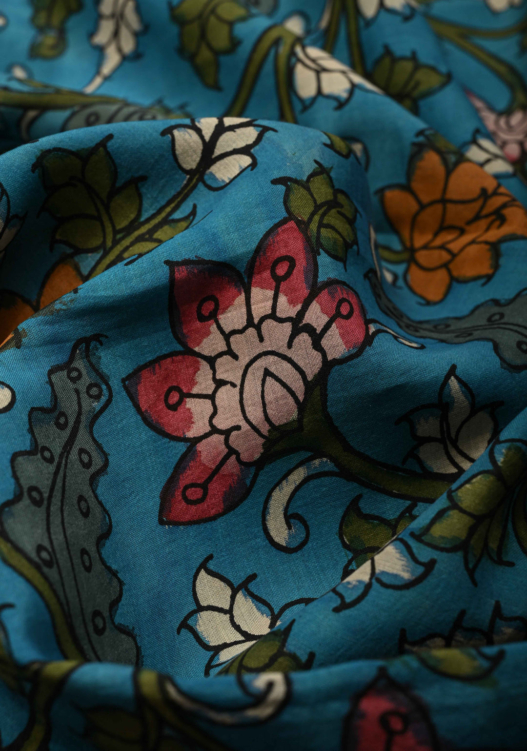 DUPATTA : Blue Authentic Pen Kalamkari on Chennuri Silk Dupatta with Floral Theme and Mangalagiri Borders | SHOBITAM