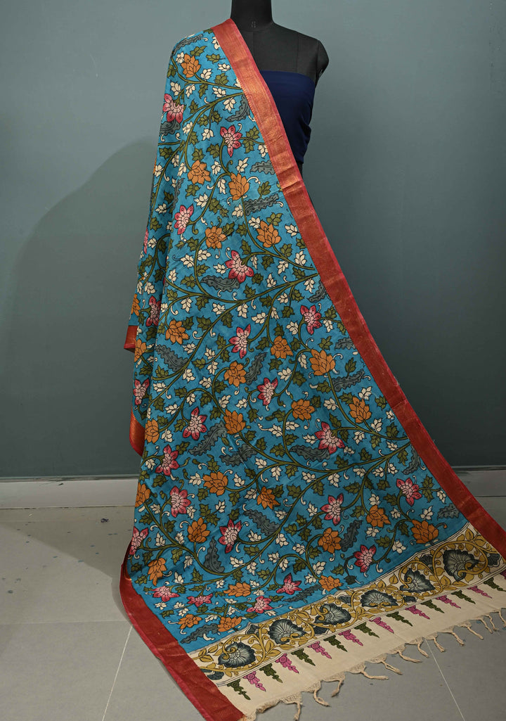 DUPATTA : Blue Authentic Pen Kalamkari on Chennuri Silk Dupatta with Floral Theme and Mangalagiri Borders | SHOBITAM