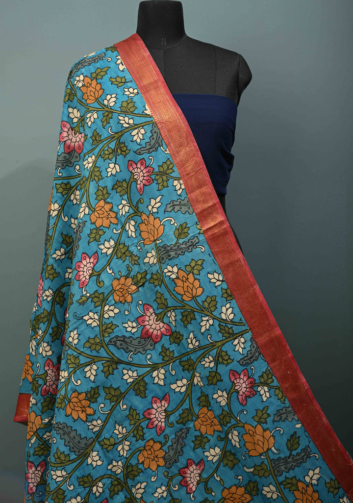 DUPATTA : Blue Authentic Pen Kalamkari on Chennuri Silk Dupatta with Floral Theme and Mangalagiri Borders | SHOBITAM