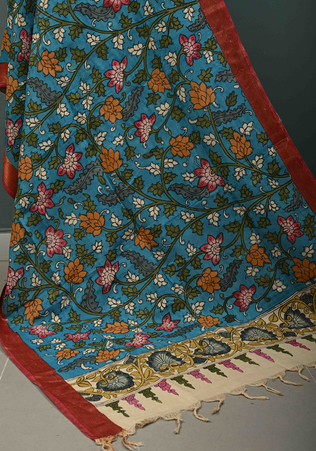 DUPATTA : Blue Authentic Pen Kalamkari on Chennuri Silk Dupatta with Floral Theme and Mangalagiri Borders | SHOBITAM