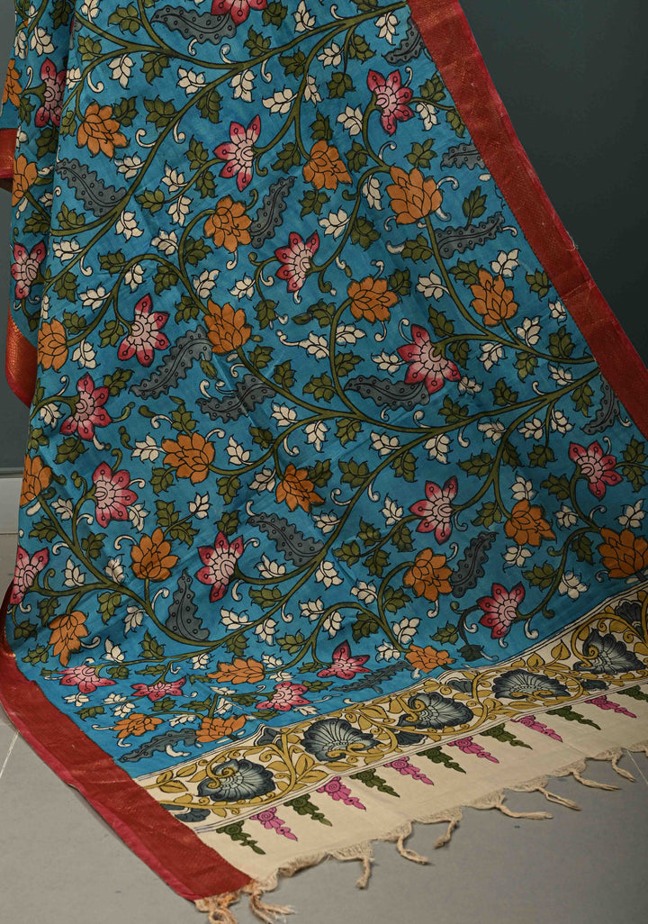 DUPATTA : Blue Authentic Pen Kalamkari on Chennuri Silk Dupatta with Floral Theme and Mangalagiri Borders | SHOBITAM