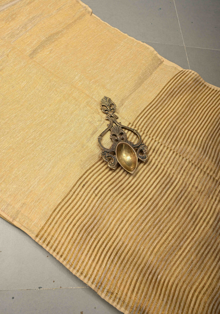 Ivory-Gold Borderless Linen by Tissue Saree