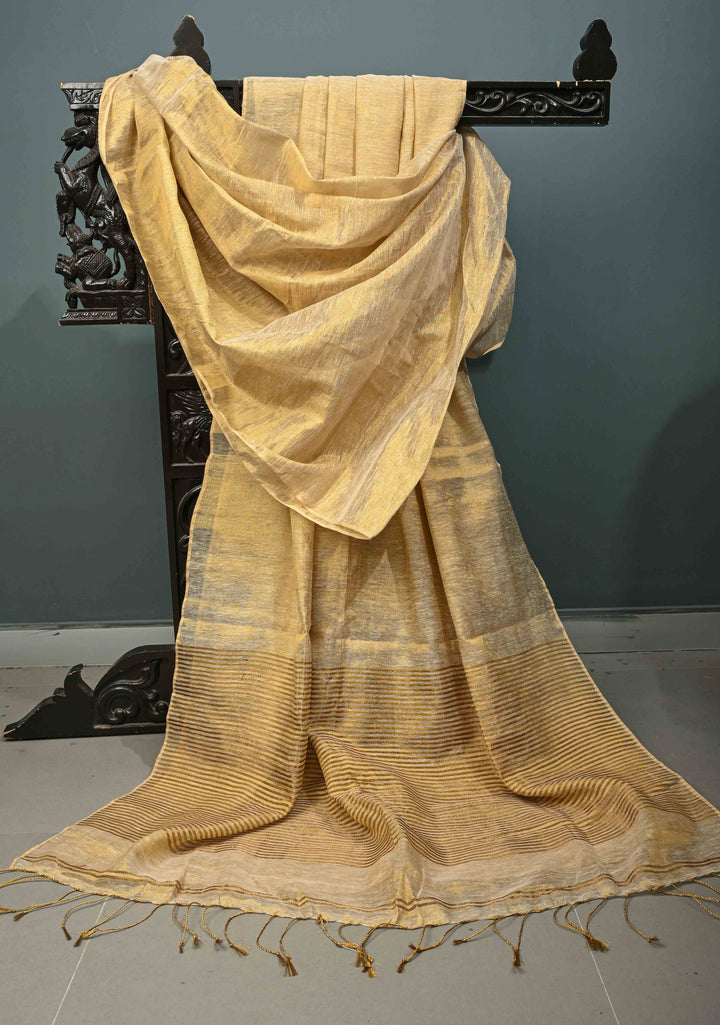 Ivory-Gold Borderless Linen by Tissue Saree