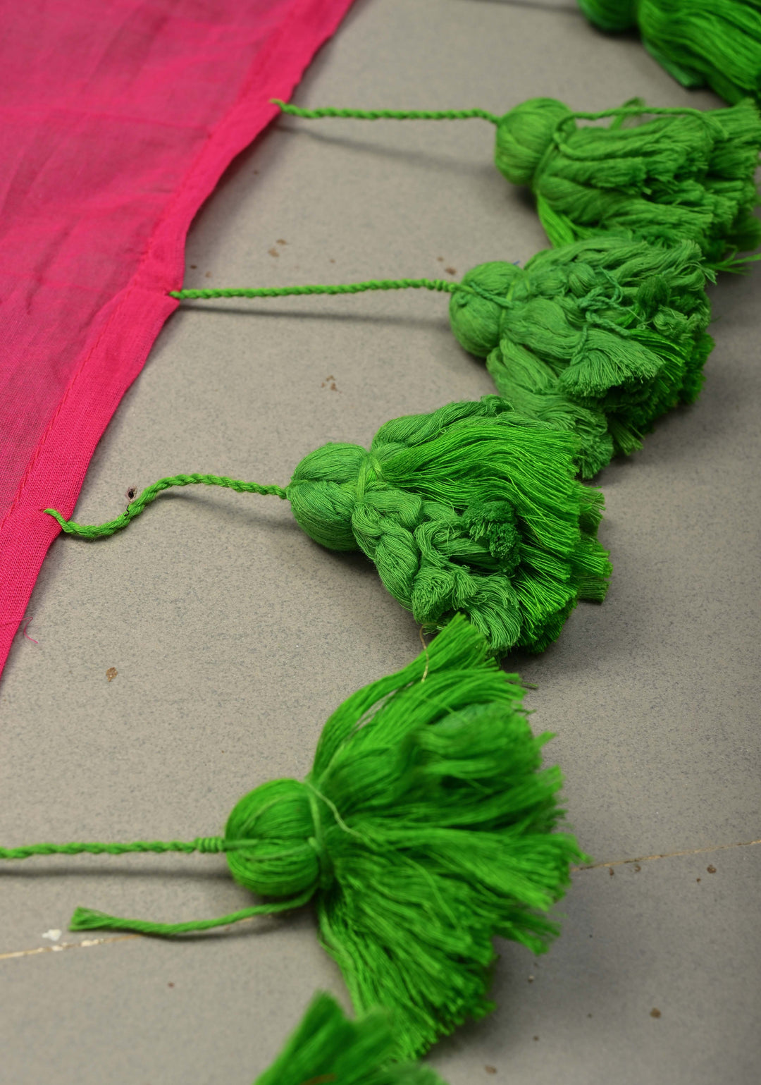 Rani Pink Mulmul Cotton Saree with Green Long Tassels, No Blouse Piece