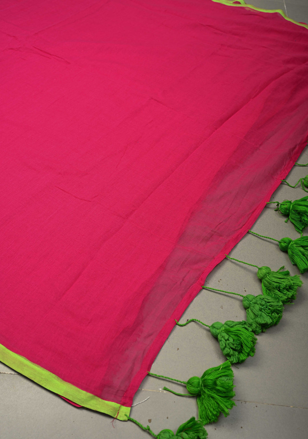 Rani Pink Mulmul Cotton Saree with Green Long Tassels, No Blouse Piece