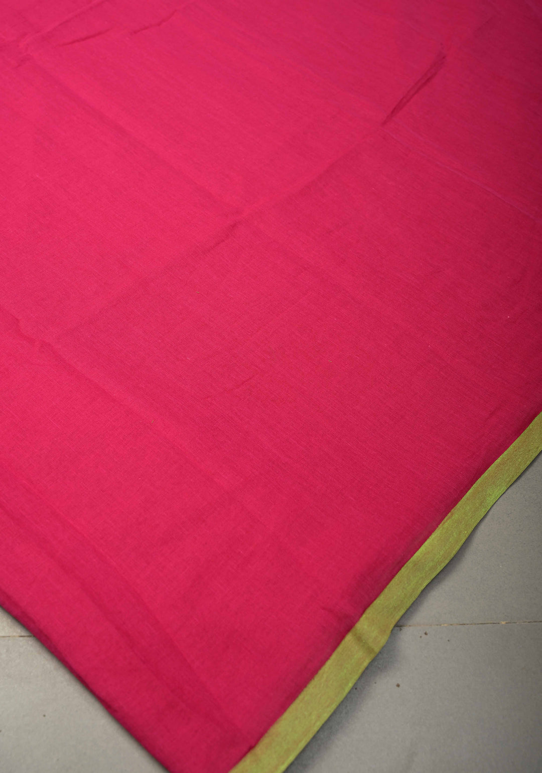 Rani Pink Mulmul Cotton Saree with Green Long Tassels, No Blouse Piece