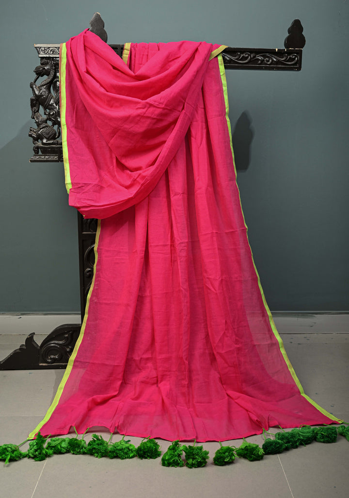 Rani Pink Mulmul Cotton Saree with Green Long Tassels, No Blouse Piece