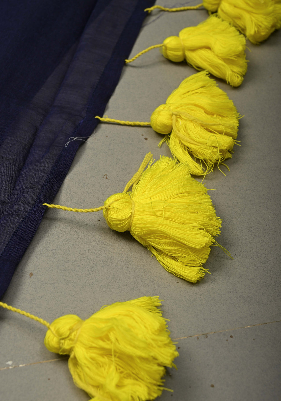 Navy Blue Mulmul Cotton Saree with Yellow Long Tassels, No Blouse Piece | SHOBITAM