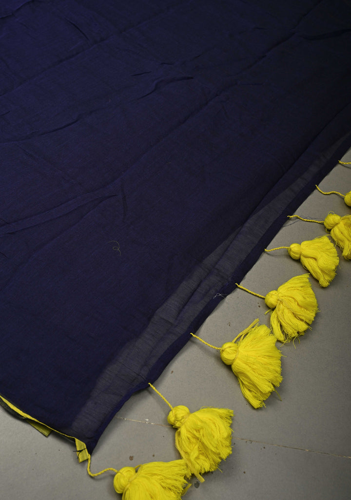 Navy Blue Mulmul Cotton Saree with Yellow Long Tassels, No Blouse Piece | SHOBITAM