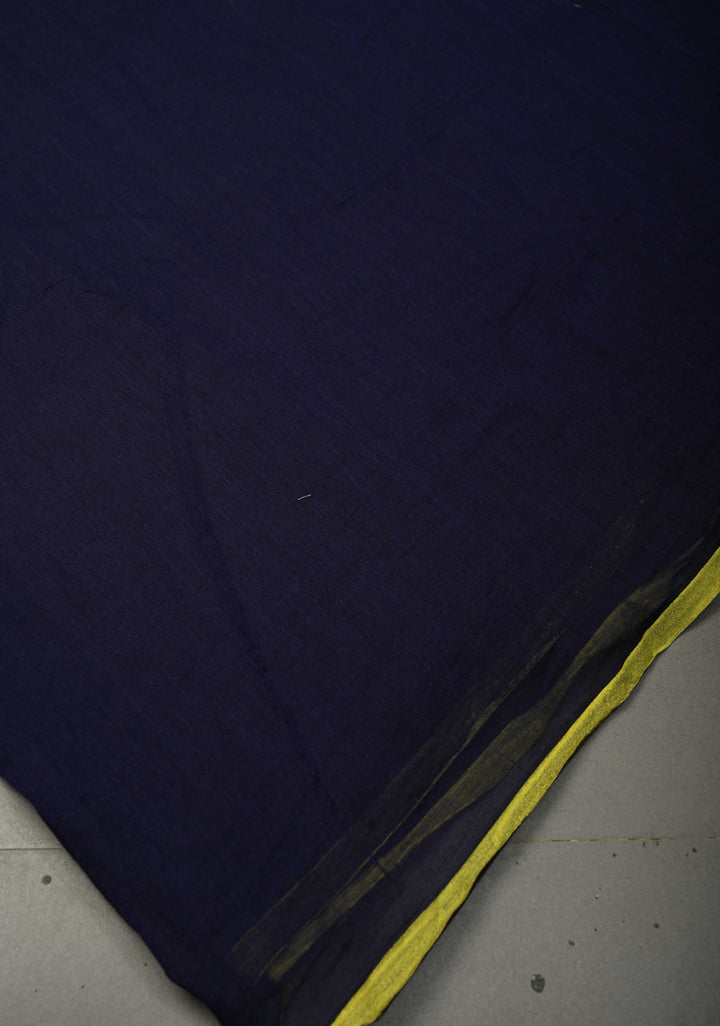Navy Blue Mulmul Cotton Saree with Yellow Long Tassels, No Blouse Piece | SHOBITAM