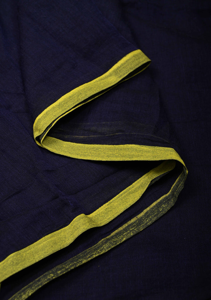 Navy Blue Mulmul Cotton Saree with Yellow Long Tassels, No Blouse Piece | SHOBITAM