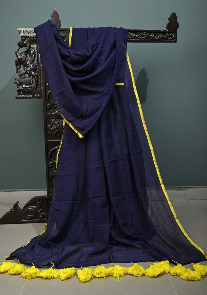 Navy Blue Mulmul Cotton Saree with Yellow Long Tassels, No Blouse Piece | SHOBITAM