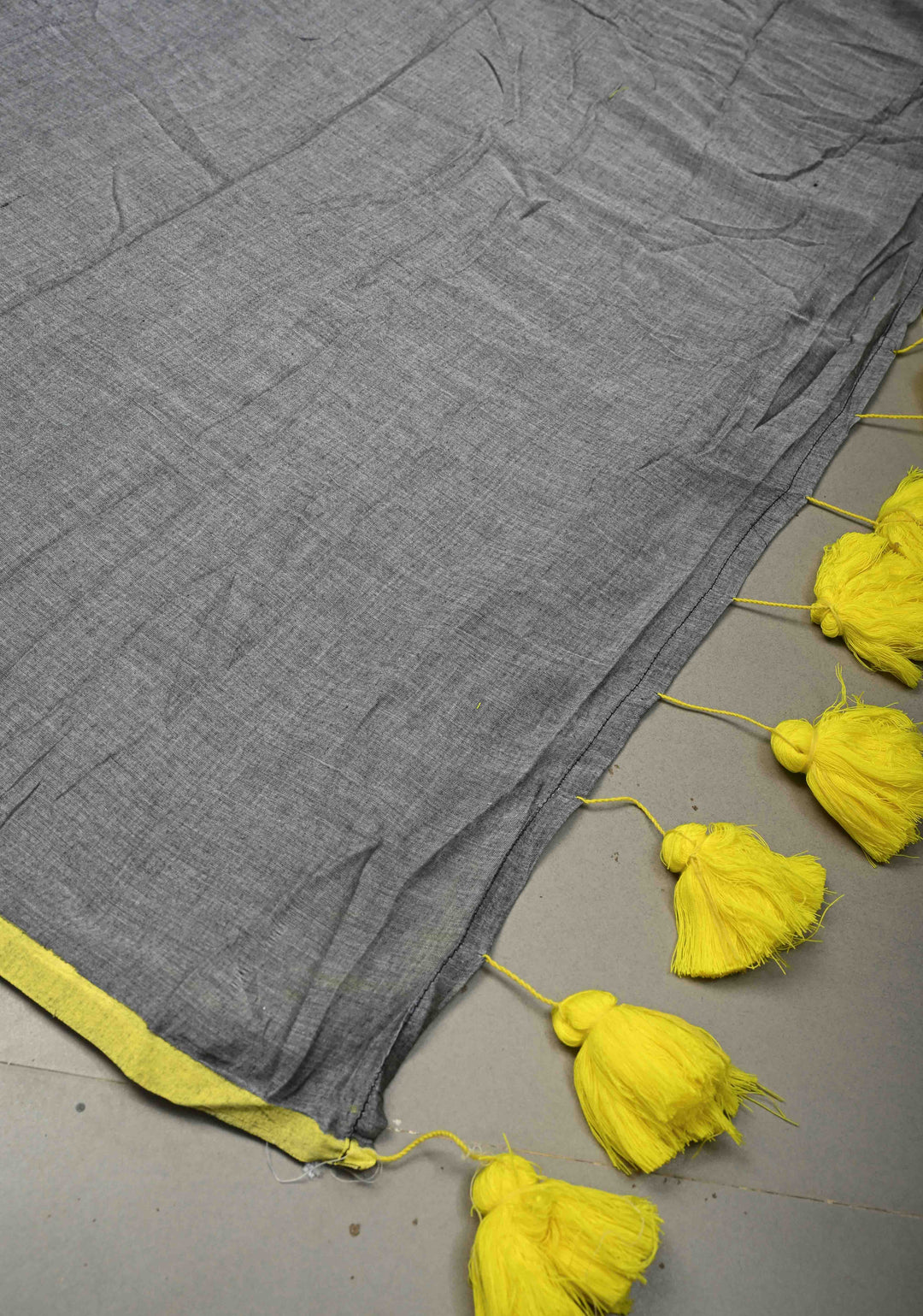 Gray Mulmul Cotton Saree with Yellow Long Tassels, No Blouse Piece | SHOBITAM