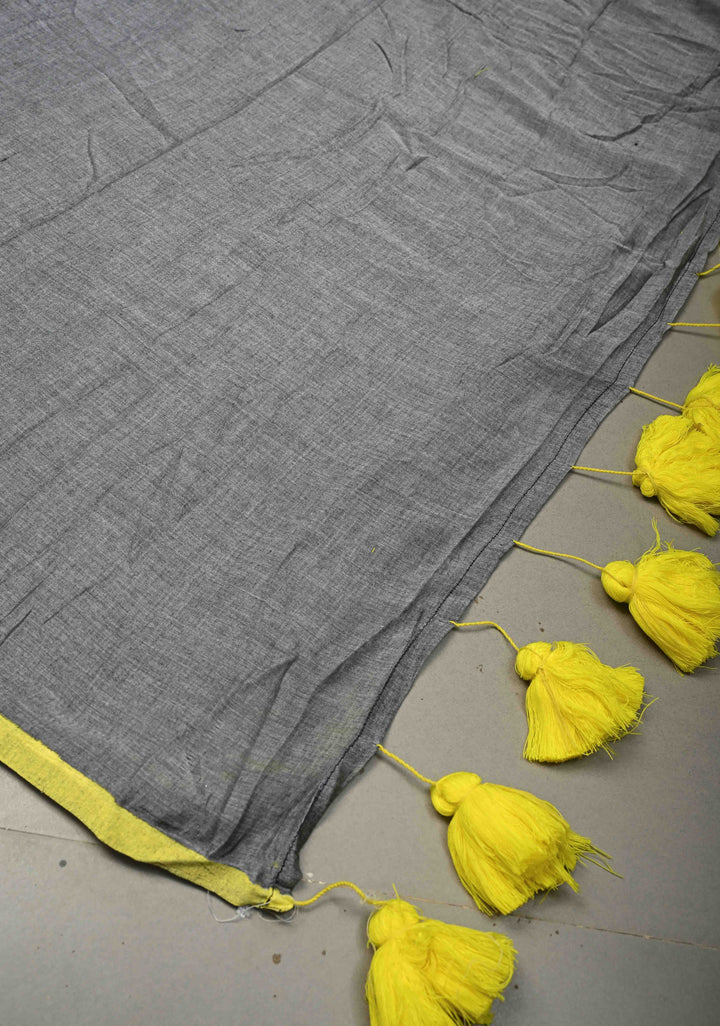 Gray Mulmul Cotton Saree with Yellow Long Tassels, No Blouse Piece | SHOBITAM