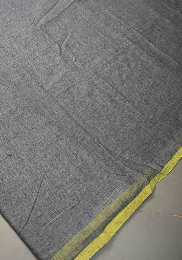 Gray Mulmul Cotton Saree with Yellow Long Tassels, No Blouse Piece | SHOBITAM
